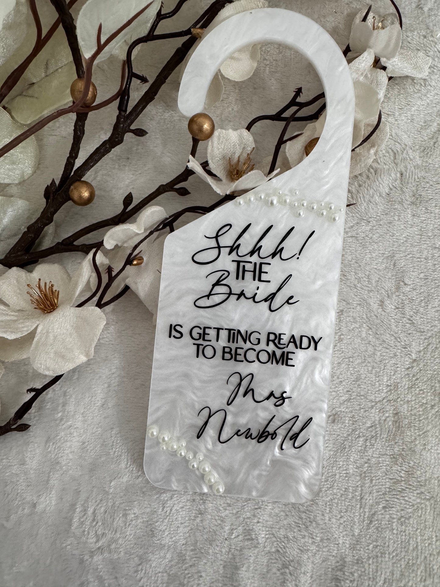 Marble bridal door hanger shhh