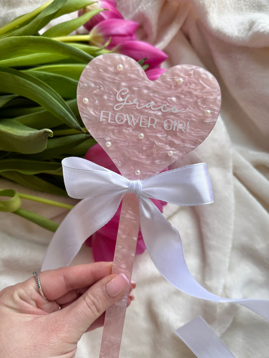 Pink marble Flower girl wand | Pearl flower girl accessories | Acrylic flower girl keepsake | Birthday wand