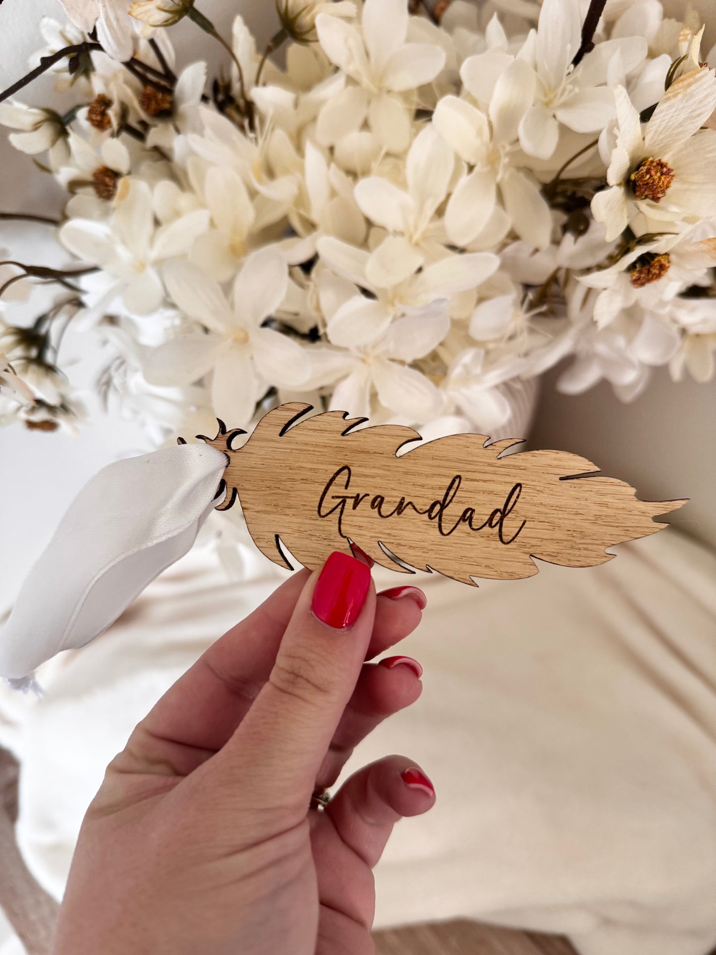 In memory feather bauble oak engraved