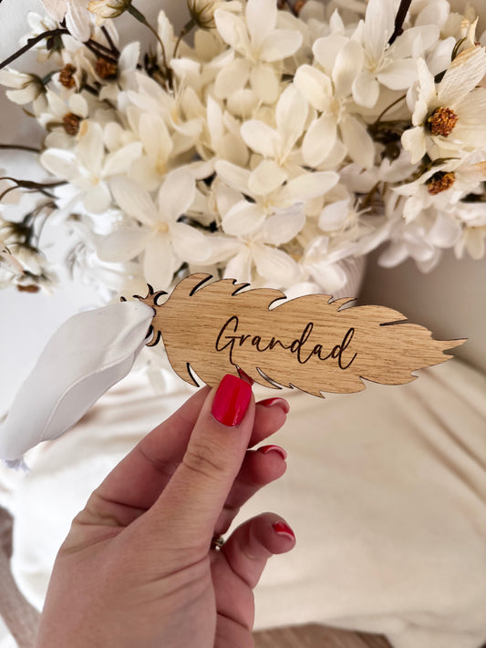 In memory feather bauble oak engraved